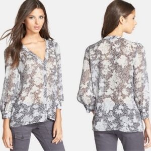 Joie SZ S Fairy Floral 100% Silk Cordia Print 3/4 Sleeve Semi Sheer VNeck Blouse